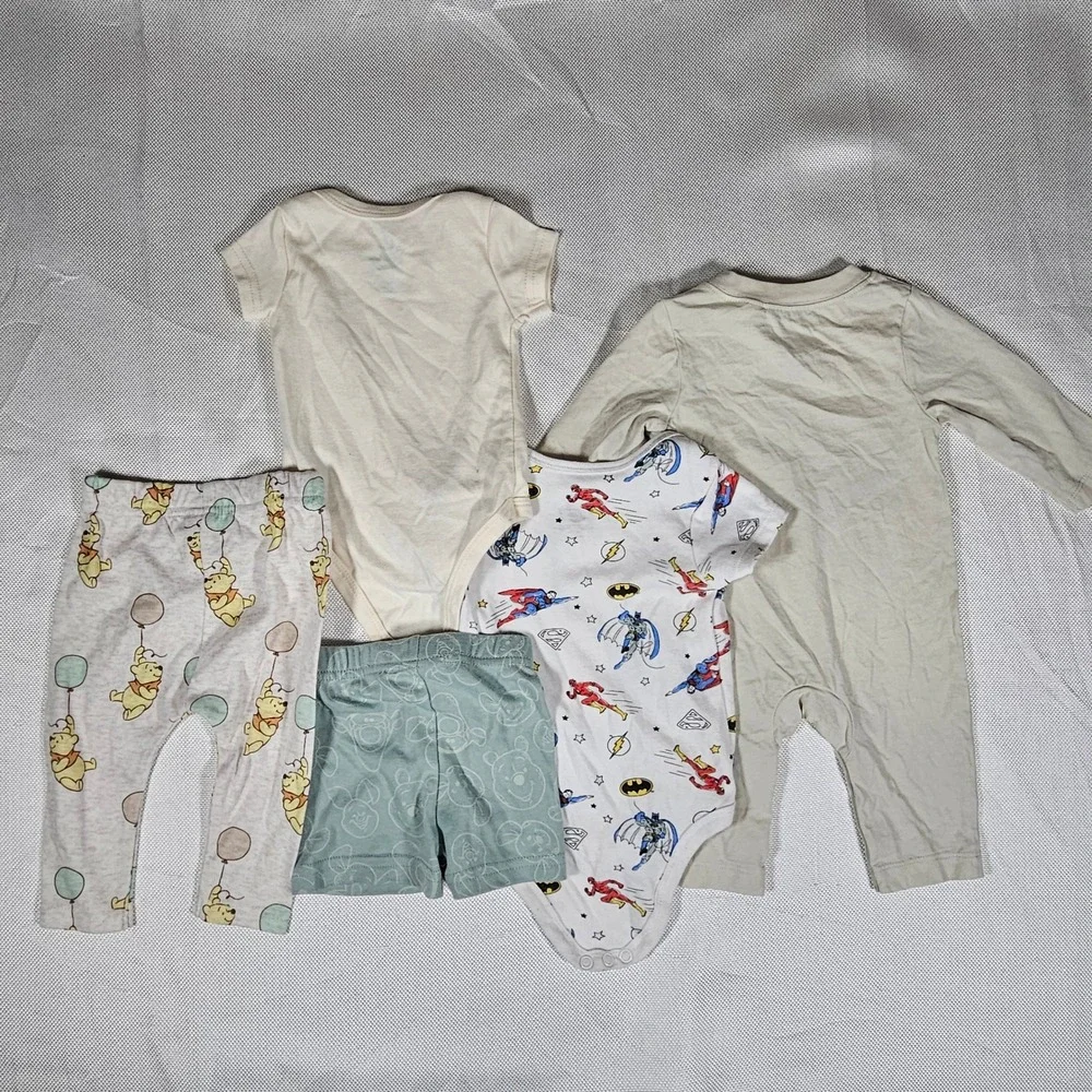 Baby Clothes Lot 0-3M Disney Winnie‎ Pooh Adidas Romper DC Justice League 5pc